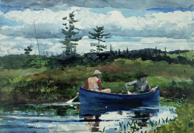 A famous painting, by artist Winslow Homer, of two men rowing a blue boat on a lake.